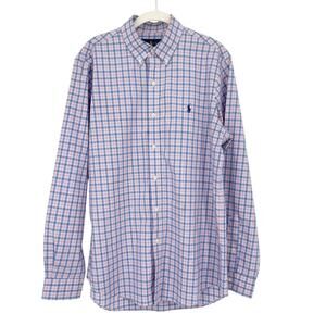 Ralph Lauren Button Down Shirt Men’s M Pink Blue Plaid Classic Fit Blue Pony
